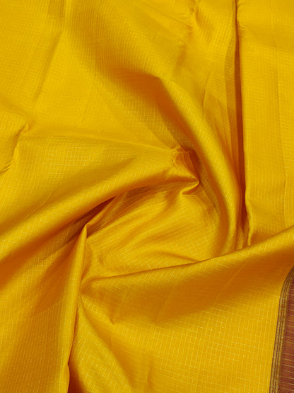 Kanjivaram Korvai Mango Yellow Checks Traditional Pure Silk Saree With MaroonBorder