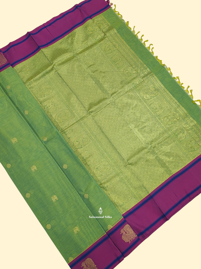 Parrot Green Beautiful Pure Cotton With Magenta Rose Border