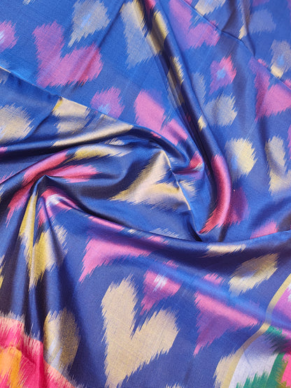 Royal Blue Beautiful Ikkat Fancy Pure Soft Silk Saree With Pink Border