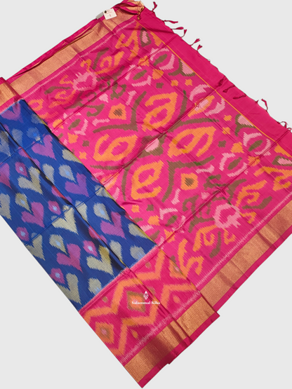 Royal Blue Beautiful Ikkat Fancy Pure Soft Silk Saree With Pink Border