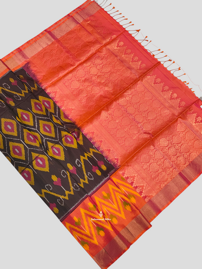 Chocolet Brown Beautiful Ikkat Fancy Pure Soft Silk Saree With Pinkish Orange Border
