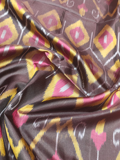 Chocolet Brown Beautiful Ikkat Fancy Pure Soft Silk Saree With Pinkish Orange Border