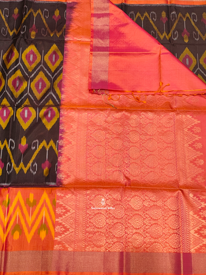 Chocolet Brown Beautiful Ikkat Fancy Pure Soft Silk Saree With Pinkish Orange Border