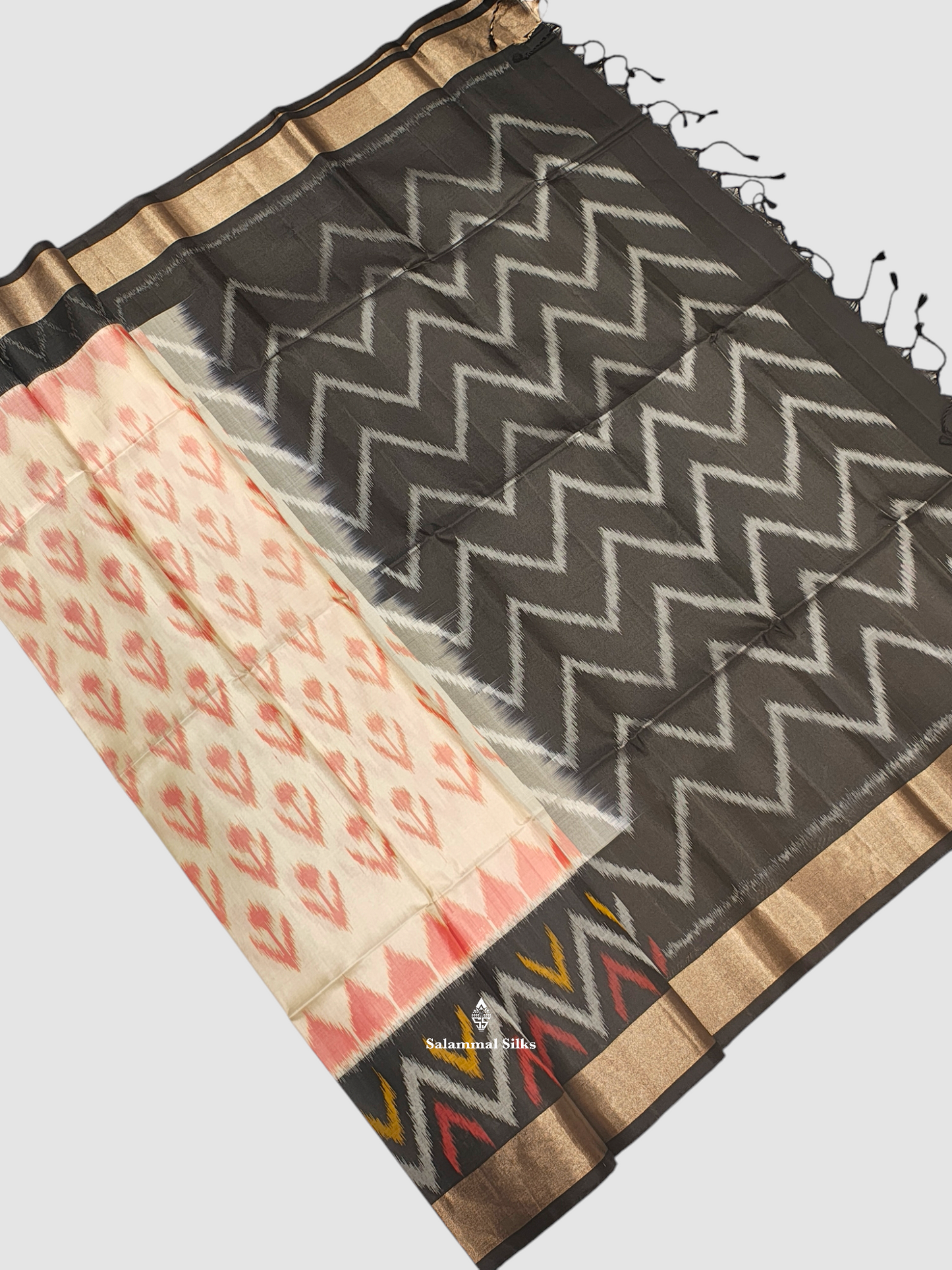 Half White Beautiful ikkat Fancy Pure Soft Silk Saree With Black Border