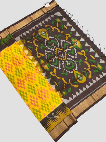 Lemon Yellow Beautiful ikkat Fancy Pure Soft Silk Saree With Brown Border