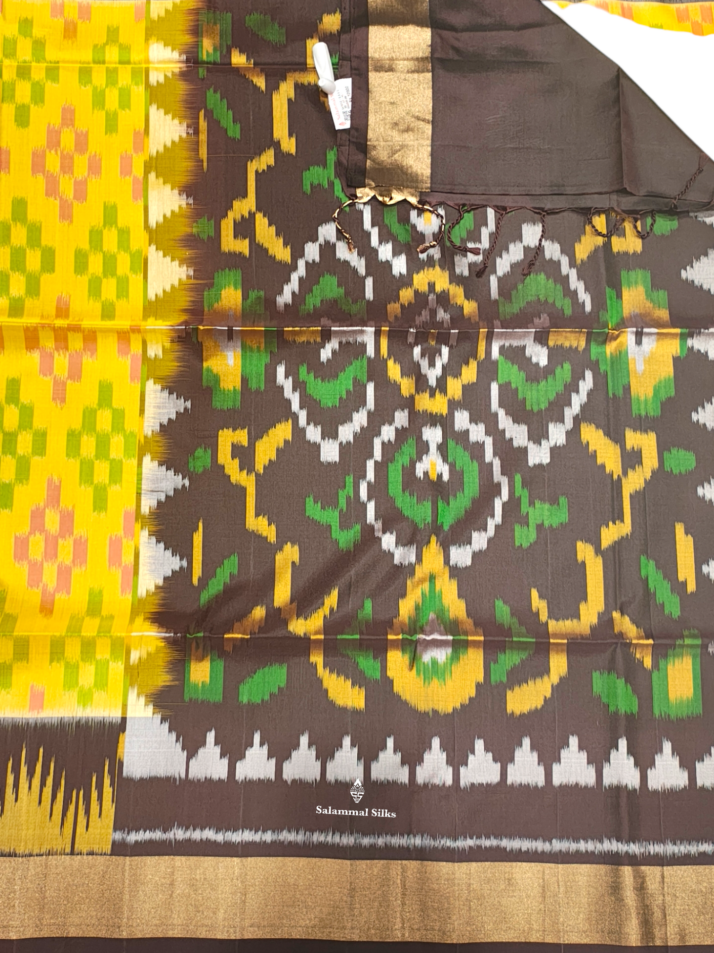 Lemon Yellow Beautiful ikkat Fancy Pure Soft Silk Saree With Brown Border