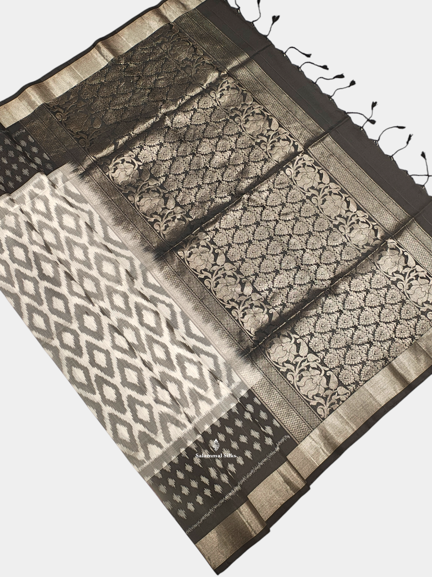 White Grey Beautiful Ikkat Fancy Pure Soft Silk Saree With Black Border