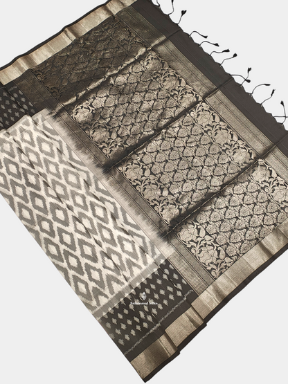 White Grey Beautiful Ikkat Fancy Pure Soft Silk Saree With Black Border