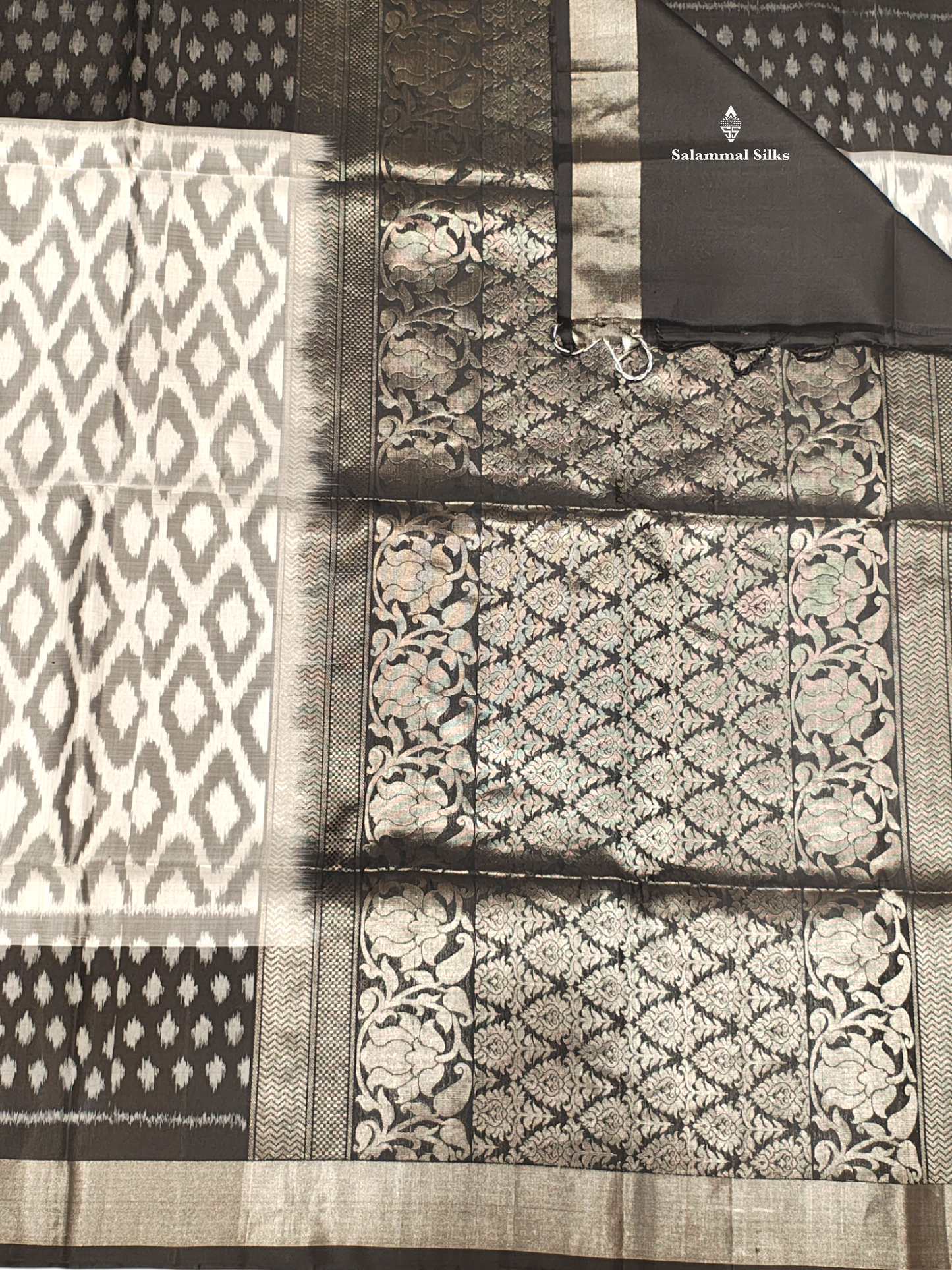 White Grey Beautiful Ikkat Fancy Pure Soft Silk Saree With Black Border
