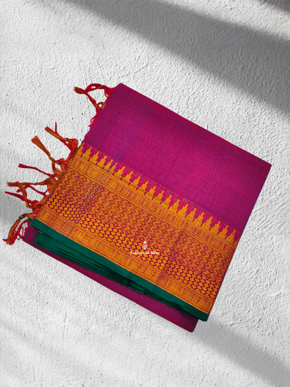 9 Yards Beautiful Violet Pure Cotton Saree With Gold Zari Border