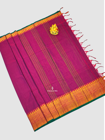9 Yards Beautiful Violet Pure Cotton Saree With Gold Zari Border
