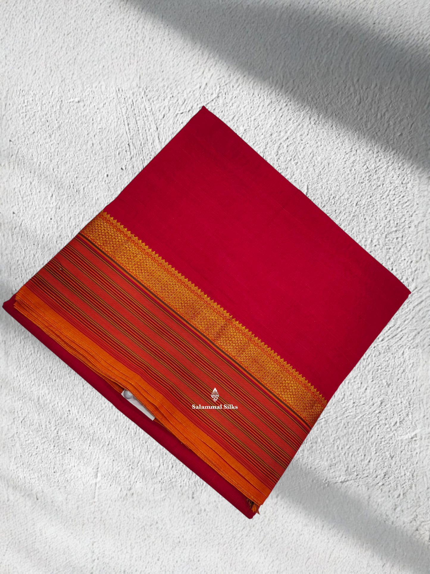9 Yards Beautiful  Red Pure Cotton Saree With Mustard Yellow Border