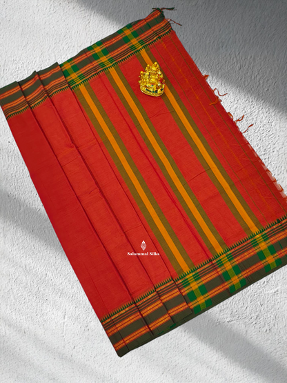 9 Yards Beautiful Tomato Red Pure Cotton Saree With Green Small Temple Border