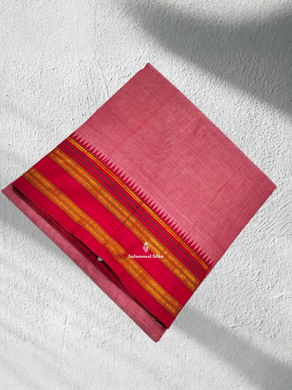 9 Yards Beautiful Dark Peach Pure Cotton Saree With Red Border