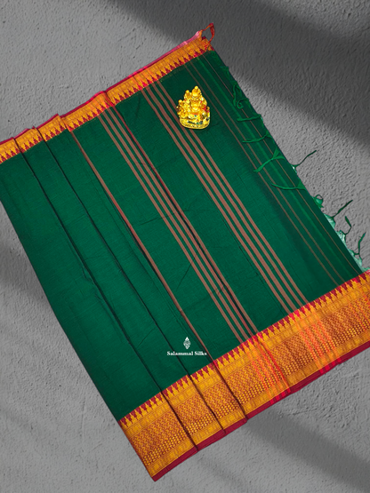 9 Yards Beautiful Bottle Green Pure Cotton Saree With Maroon Border