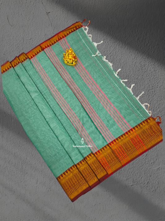 9 Yards Beautiful Pastal Blue Pure Cotton Saree With Brown Border