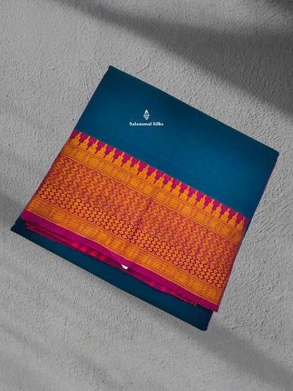 9 Yards Beautiful Peacock Blue Pure Cotton Saree With Magenta Border