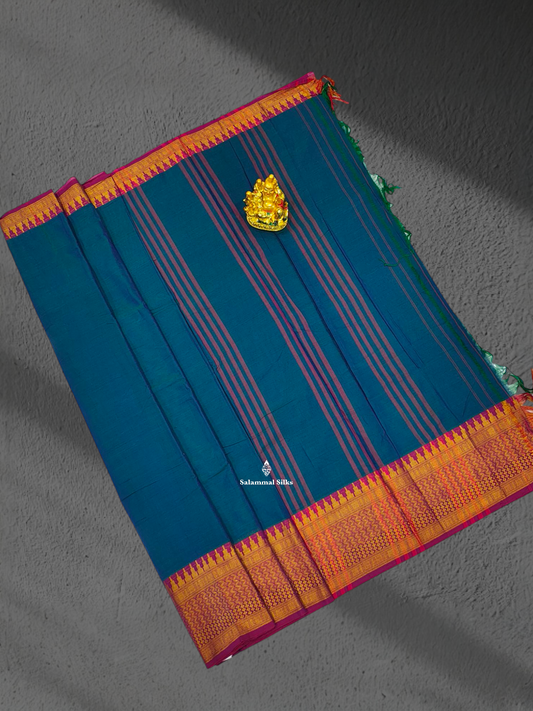 9 Yards Beautiful Peacock Blue Pure Cotton Saree With Magenta Border