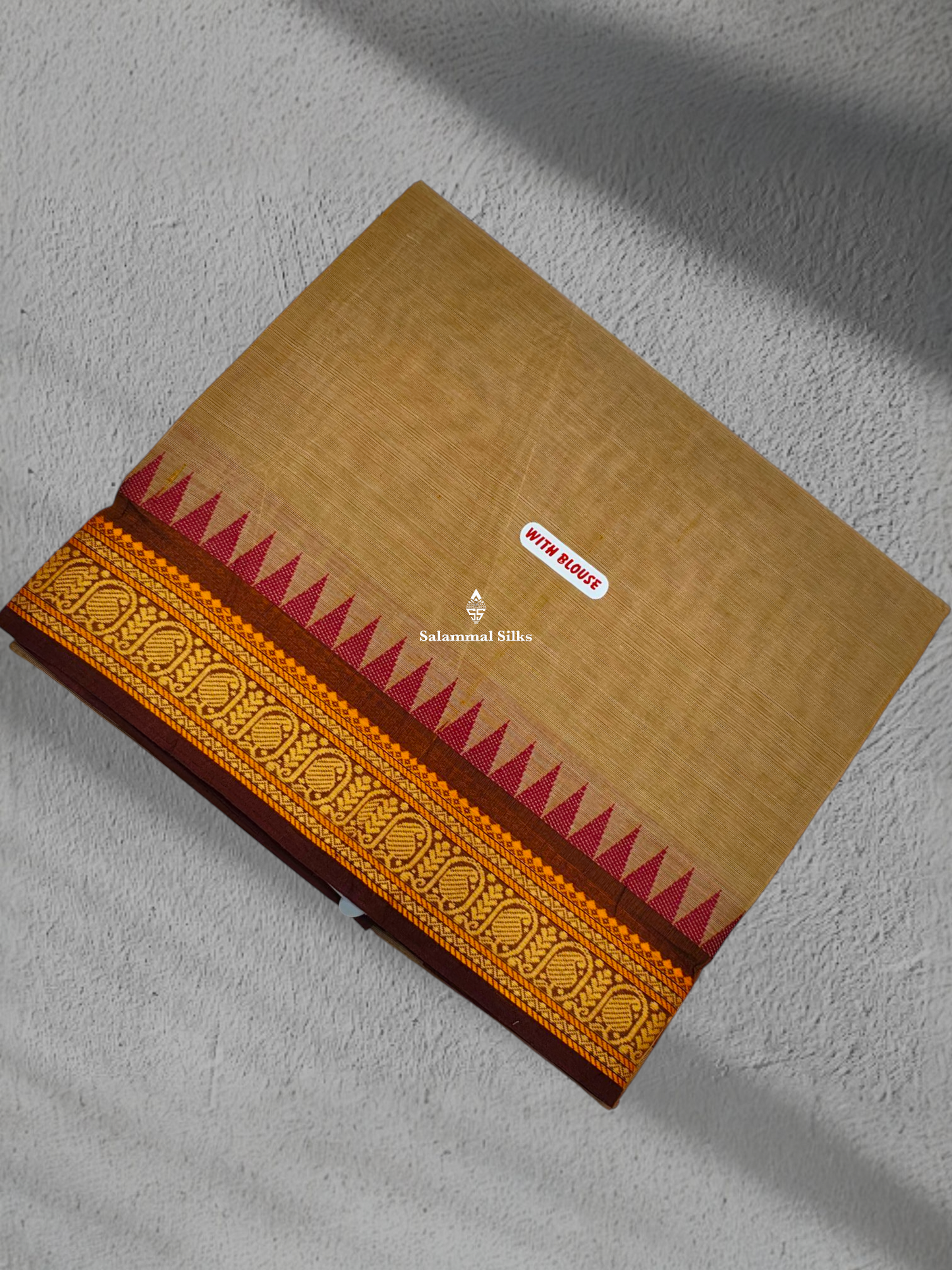 Cream Sandal Beautiful Pure Cotton Saree With Brown Small Temple Border