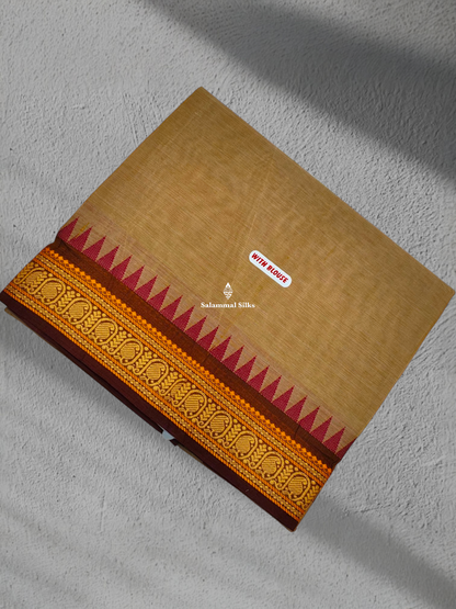 Cream Sandal Beautiful Pure Cotton Saree With Brown Small Temple Border