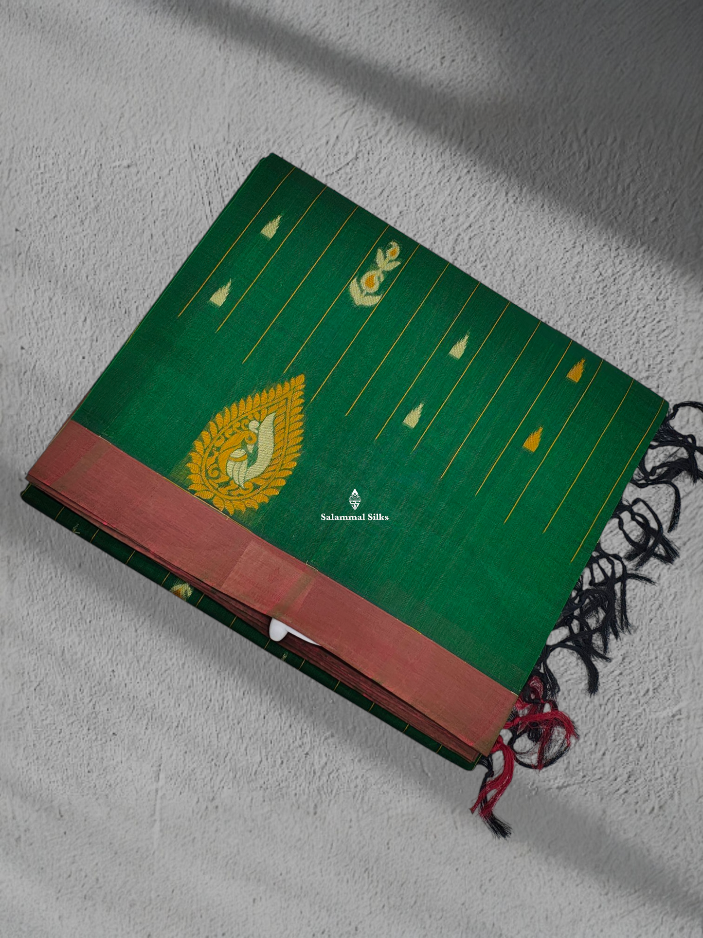 Bottle Green Beautiful Fancy Pure Cotton Saree Body Full Yellow Strip With Olive Maroon Small Border