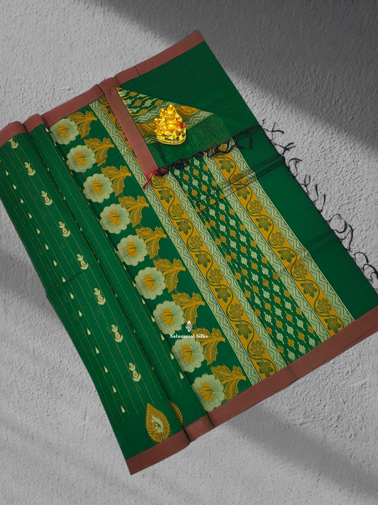 Bottle Green Beautiful Fancy Pure Cotton Saree Body Full Yellow Strip With Olive Maroon Small Border