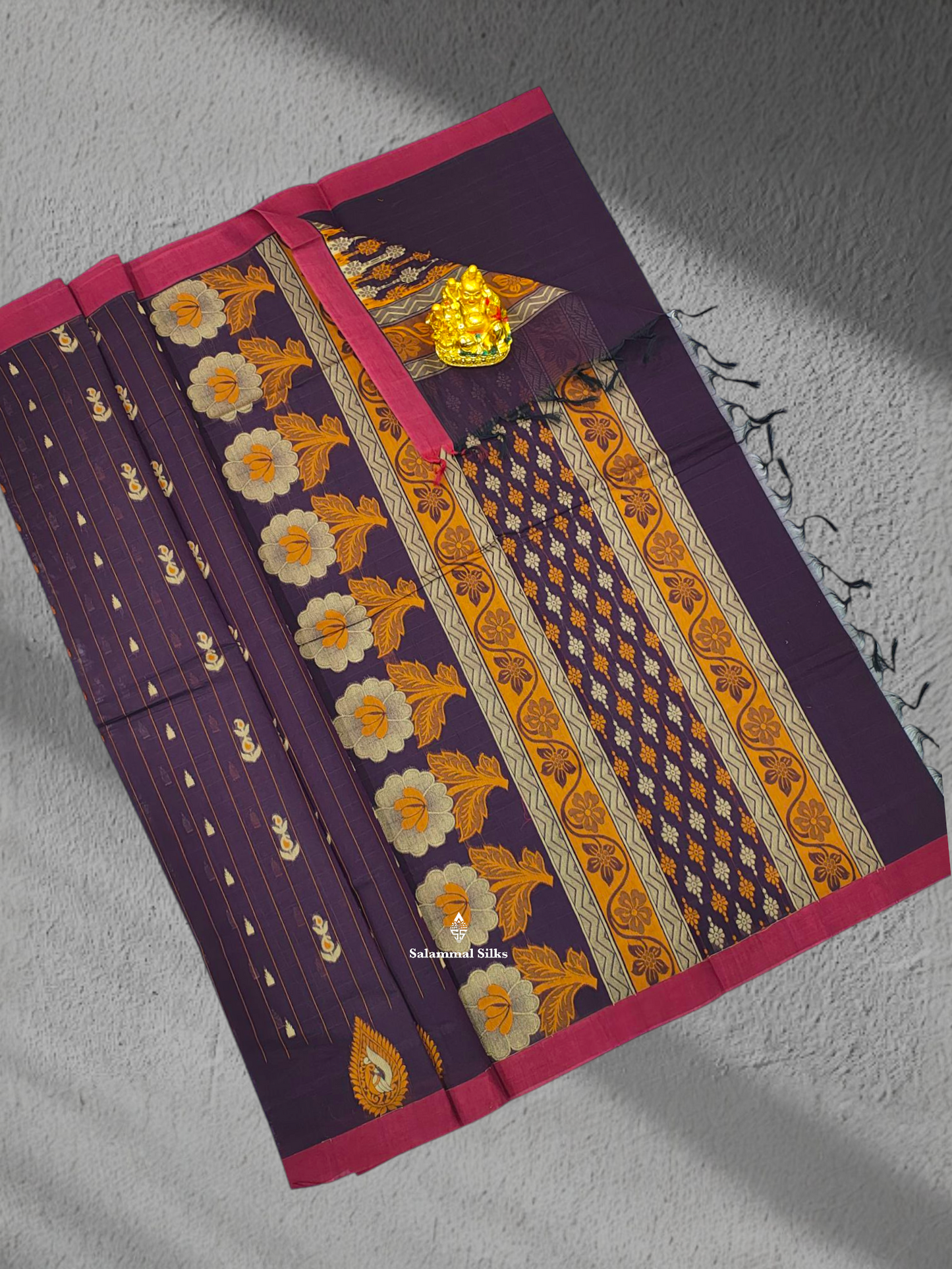 Violet Beautiful Fancy Pure Cotton Saree Body Full Yellow Strip With Maroon Small Border