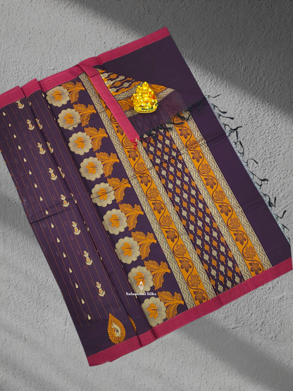 Violet Beautiful Fancy Pure Cotton Saree Body Full Yellow Strip With Maroon Small Border