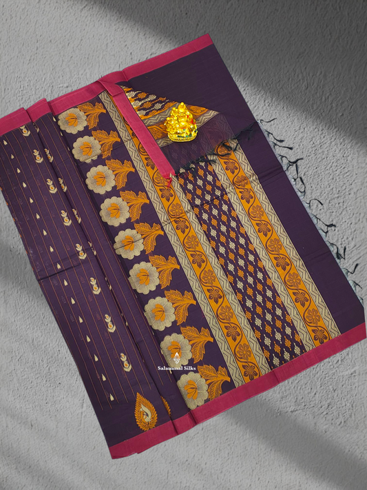 Violet Beautiful Fancy Pure Cotton Saree Body Full Yellow Strip With Maroon Small Border