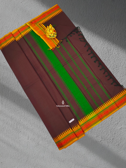 Olive Brown Beautiful Traditional Pure Cotton Saree With Mustard Yellow Temple Border