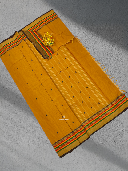 Yellow Pure Cotton Saree With Multicolour Border