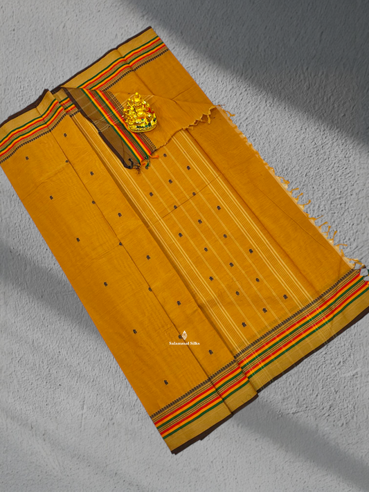 Yellow Pure Cotton Saree With Multicolour Border