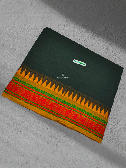 Bottle Green Beautiful Pure Cotton Saree With Mustard Yellow Thread Work And Temple Border