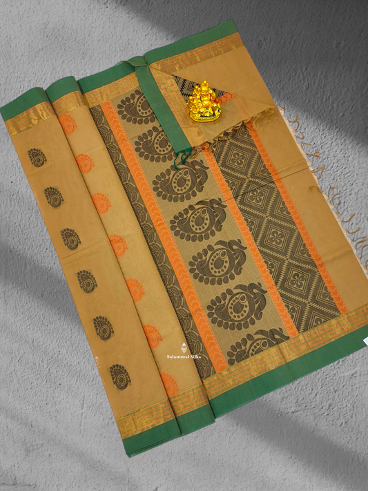 Sandal Beautiful Pure Cotton Saree With Small Green Border