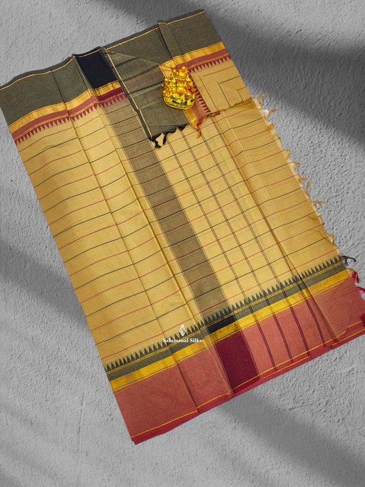 Sandal Beautiful Pure Cotton Saree Body Horizontal Lines With Light Maroon Border