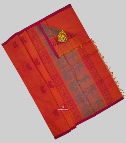 Pinkish Orange Beautiful Fancy Pure Cotton Saree With Small Border