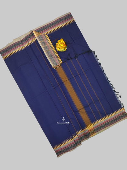 Navy Blue Beautiful Pure Cotton Saree With Small Temple Border
