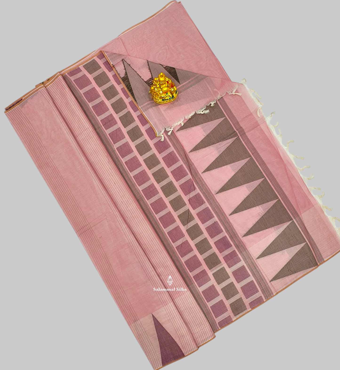 Baby Pink Beautiful Fancy Pure Cotton Saree With Big Temple Border