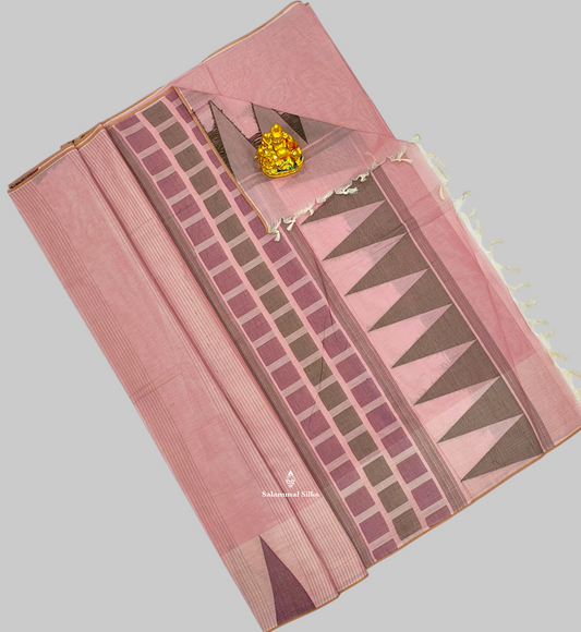 Baby Pink Beautiful Fancy Pure Cotton Saree With Big Temple Border