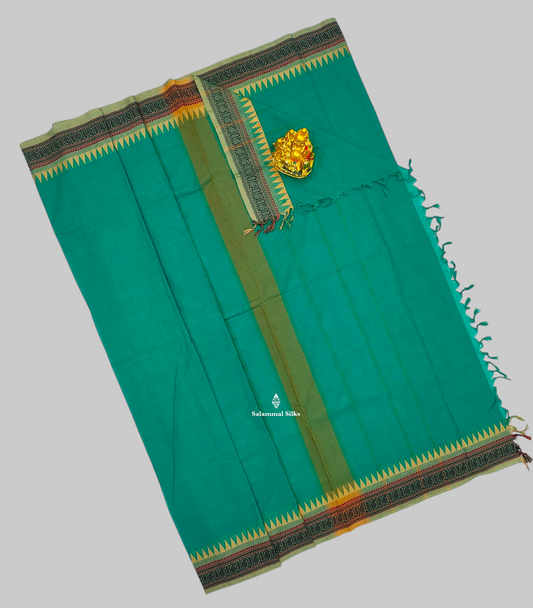 Sea Green Beautiful Pure Cotton Saree With Small Temple Border