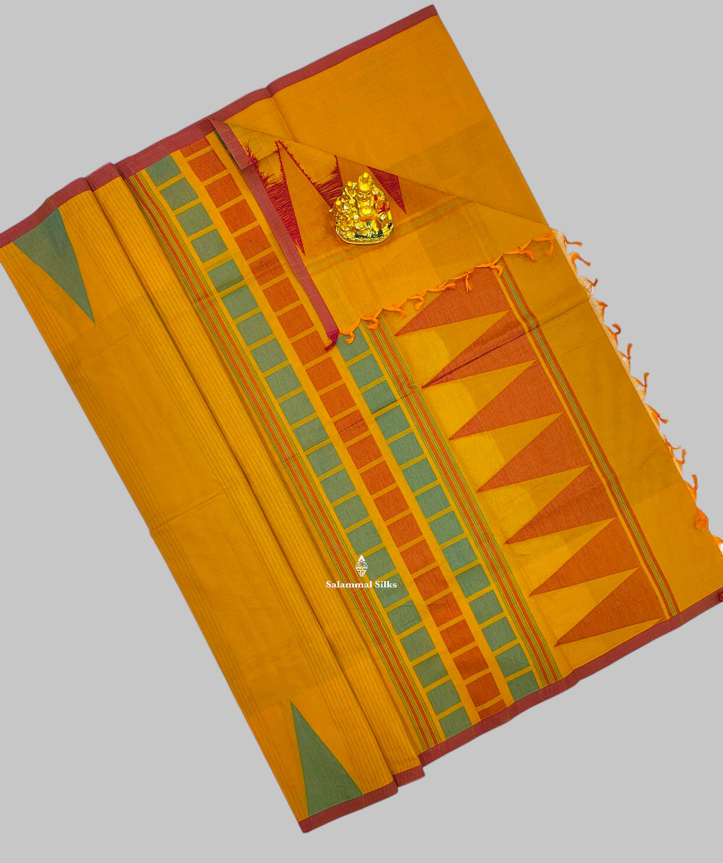 Mango Yellow Beautiful Fancy Pure Cotton Saree With Big Temple Border