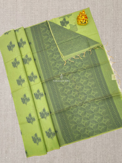 Light Parrot Green Beautiful Fancy Kora Cotton Saree With Blouse