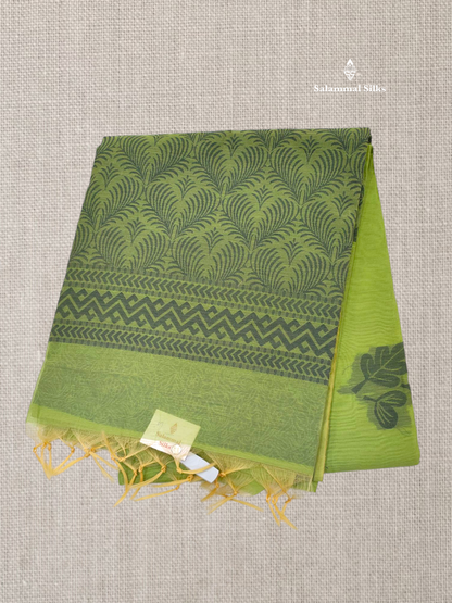 Light Parrot Green Beautiful Fancy Kora Cotton Saree With Blouse