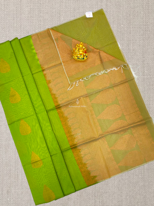 Parrot Green Beautiful Fancy Kora Cotton Saree With Blouse