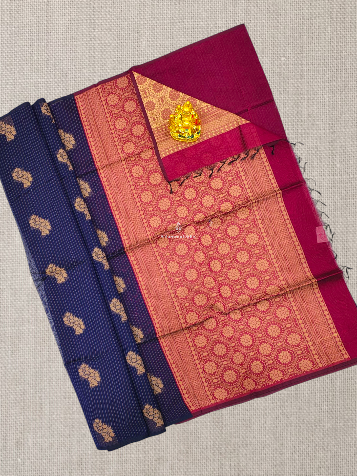 Navy Blue Beautiful Fancy Kora Cotton Saree With Blouse