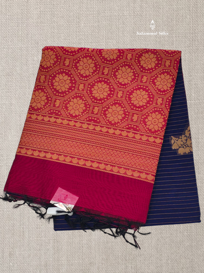 Navy Blue Beautiful Fancy Kora Cotton Saree With Blouse