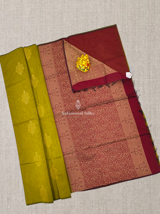 Olive Green Beautiful Fancy Kora Cotton Saree With Blouse