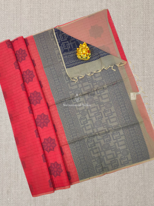 Red Beautiful Fancy Kora Cotton Saree With Blouse
