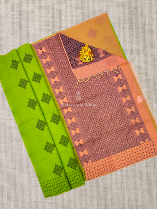 Parrot Green Beautiful Fancy Kora Cotton Saree With Blouse