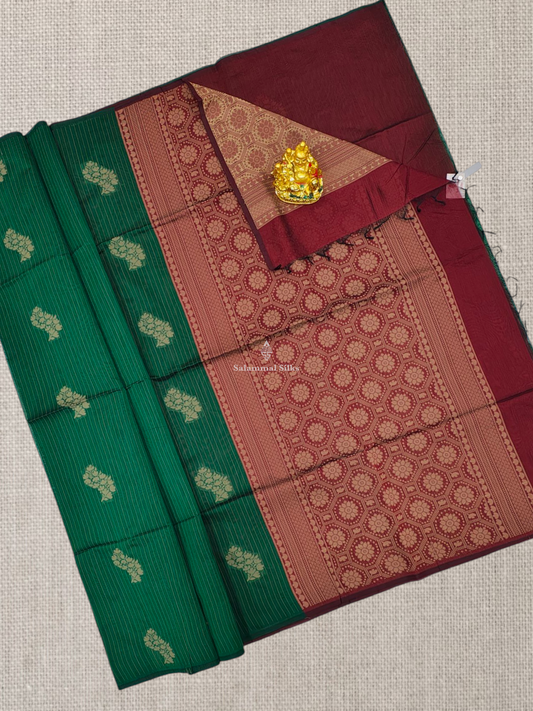 Bottle Green Beautiful Fancy Kora Cotton Saree With Blouse
